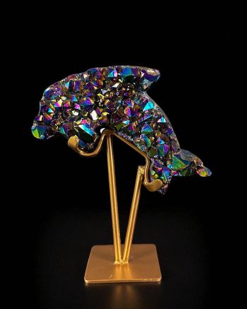 Rainbow Aura Cluster  Dolphin On Metal  Base
